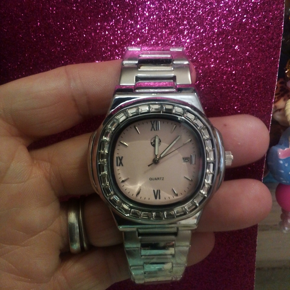 Silver Stainless Steel Watch with Pink Dial